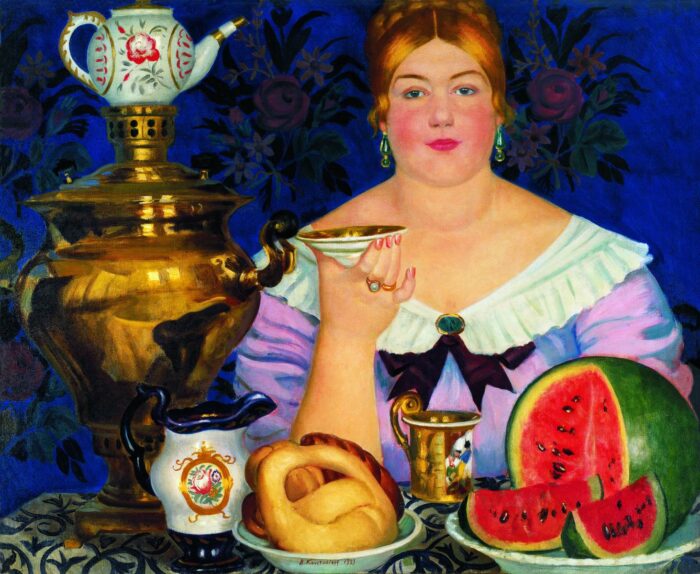 "Купчиха, пьющая чай", художник Борис Кустодиев