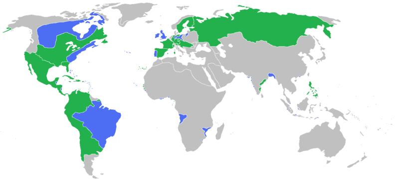 Участники Семилетней войны. Синий: англо-прусская коалиция. Зелёный: антипрусская коалиция