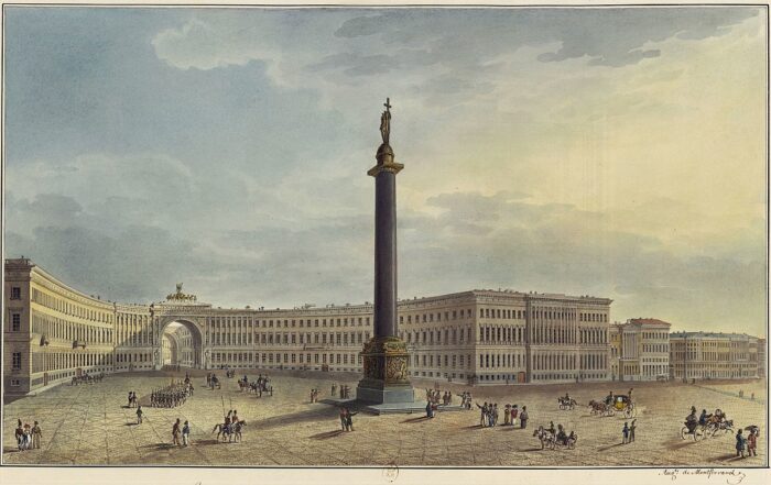 Площадь с Александровской колонной на рисунке О.Монферрана, 1829—1830 гг.