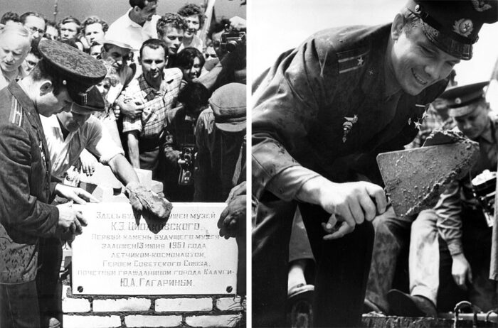 Юрий Гагарин закладывает первый камень в фундамент здания музея