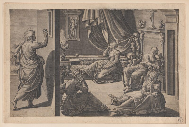 Святой Николай подбрасывает кошелек бедным девушкам. Гравюра 1587 г.