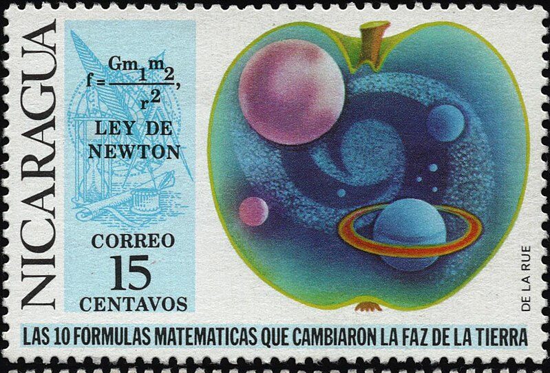 Почтовая марка Никарагуа 1971 года и её оборот: Закон Ньютона (гравитация)