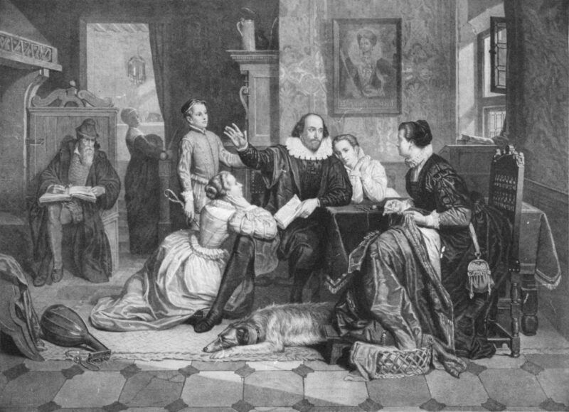 Немецкая гравюра XIX в., изображающая Шекспира семьянином в окружении детей, зачарованно слушающих его рассказы. Его жена Энн изображена справа за пошивом одежды.